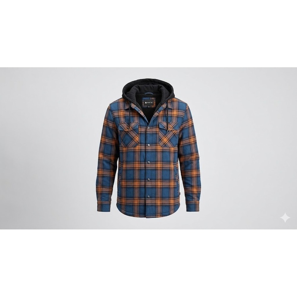 Matix Hooded Flannel Jacket Mens M Blue Orange Plaid Sherpa Lined Skater Gorp